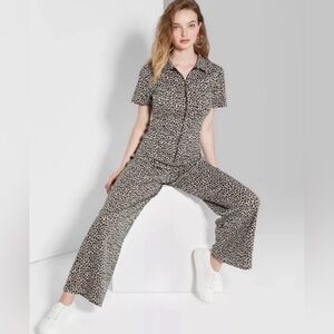 Wild Fable Leopard Print Front Zip Jumpsuit – Size Medium – Stretch Wide Leg